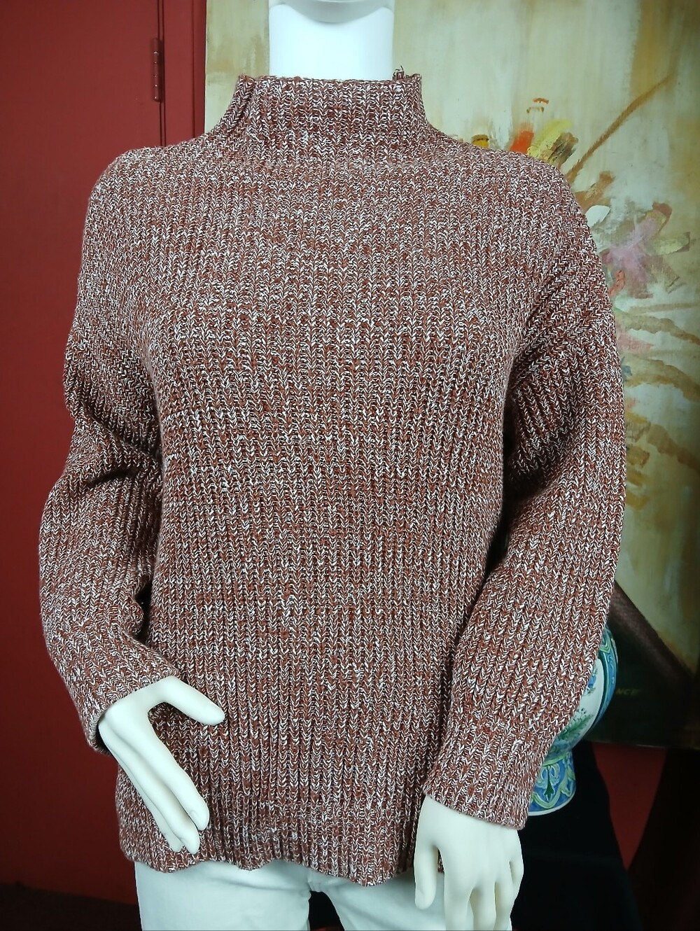 Mock Neck Knit Sweater Cozy Cotton Pullover Rust Orange Small